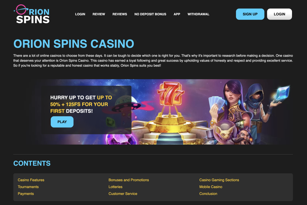 Image of Orion Spins website